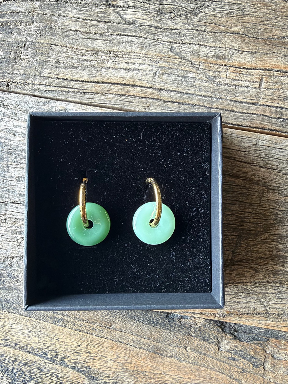 Gold Hoop Earrings with Light Green Jade Discs - greens are a few shades off